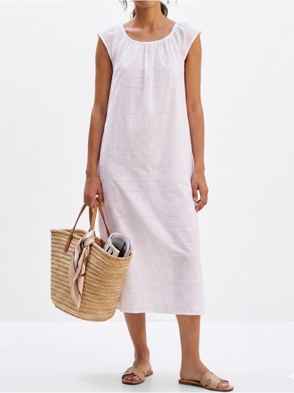 UNIQLO Embroidery Midi Dress Short Sleeve White Size Small Summer Beach - Picture 1 of 11